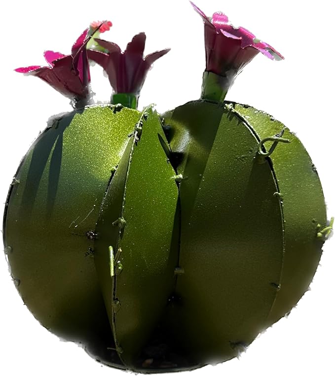 Handmade Metal Bisnaga Cactus with Flowers - Garden Art Decor (Olive)