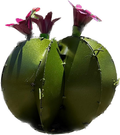 Handmade Metal Bisnaga Cactus with Flowers - Garden Art Decor (Olive)