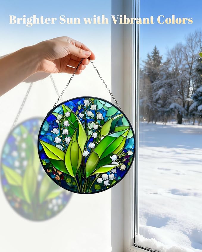 Stained Glass Window Hanging, Lily of The Valley Sun Catchers Glass Panel, Suncatcher Window Decor 8", Birthday for Women Men Mom and Friend Colleague