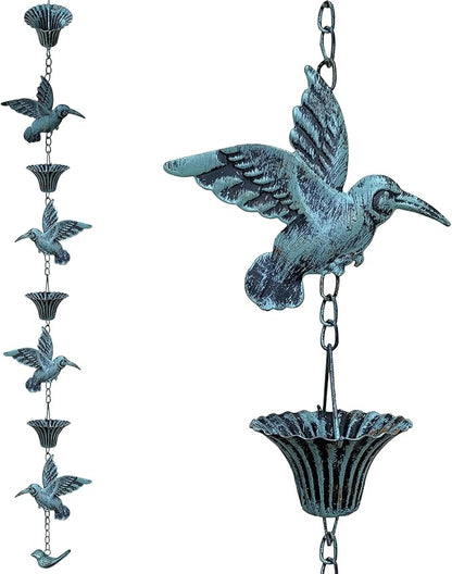 Rain Chain for Gutters,8.5FT Rain Catcher Chain for Outside with 7 Metal Cups & Hummingbird Decor,Adjustable Hanging Rain Hutter Chain Downspout Substitute for Garden Drainage & Eaves (Blue)