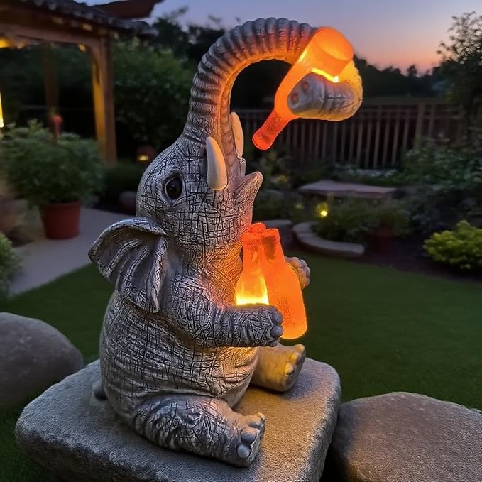 Solar Elephant Outdoor Statues for Garden Suitable for Courtyard Art Lawn Ornaments Porch Terrace Balcony Home - Birthday Gifts for Grandma Mom Women (Yellow Wine Bottle)