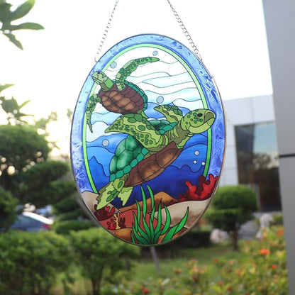 Hanging Ornament, Sea Turtle Stained Glass Window Hangings Suncatcher, 10 inches, Multicolored Ocean Themed Decor for Home, Garden, Indoor Outdoor Use