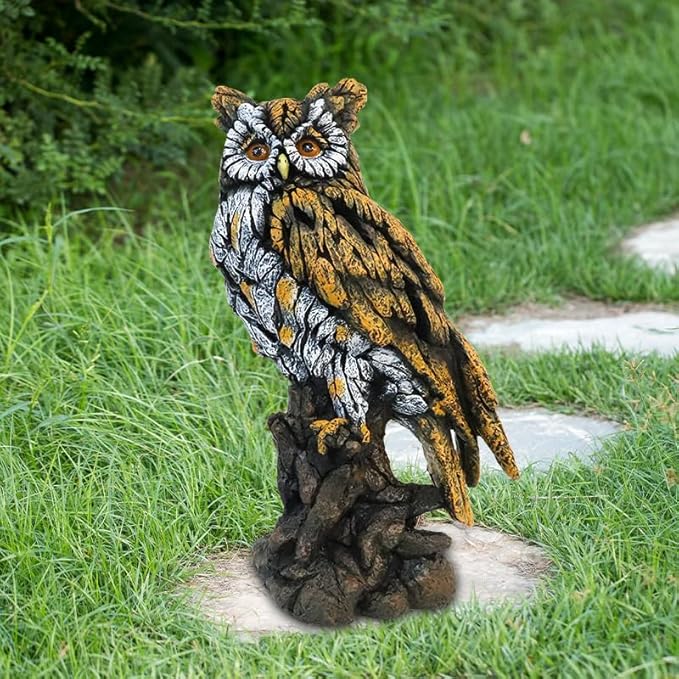 Solar Owl Resin Statue Hand - Painted Garden Decor with LED Light, Perched on Tree Stump Figurine for Outdoor Indoor Yard Patio Home Decoration