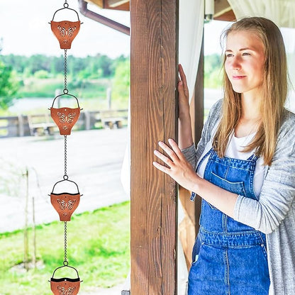 7.78ft Rain Chains for Outside, 8 Cups Copper Plated Lotus Rain Chain Cups, Adjustable Rain Catcher Chain with Bell for Eaves Drainage, Replacement for Downspout (Butterfly+Retro Copper)