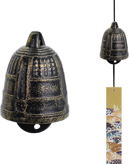 Japanese Wind Chime Cast-Iron Outdoor Ornament for Garden, Patio & Balcony, Hanging Metal Wind-Bell Decoration Gift, Blessing Pendant Windchimes & PVC Wind-Catcher, Big Temple Bell - Bronze