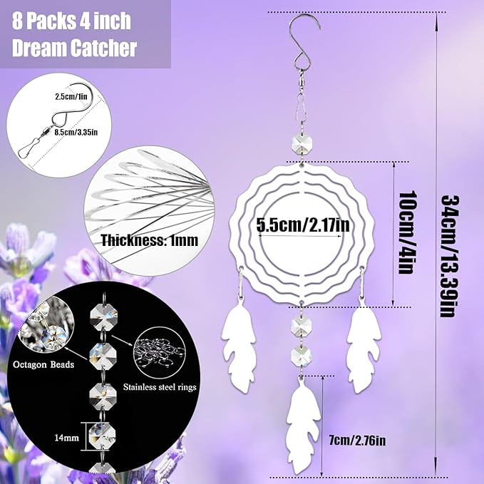 8Pack 4inch Sublimation Wind Spinner Blanks 3D Aluminum Metal Wind Sculpture Kinetic Spinners for Yard and Garden Indoor Art Ornaments Hanging Decoration (Dream Catcher)