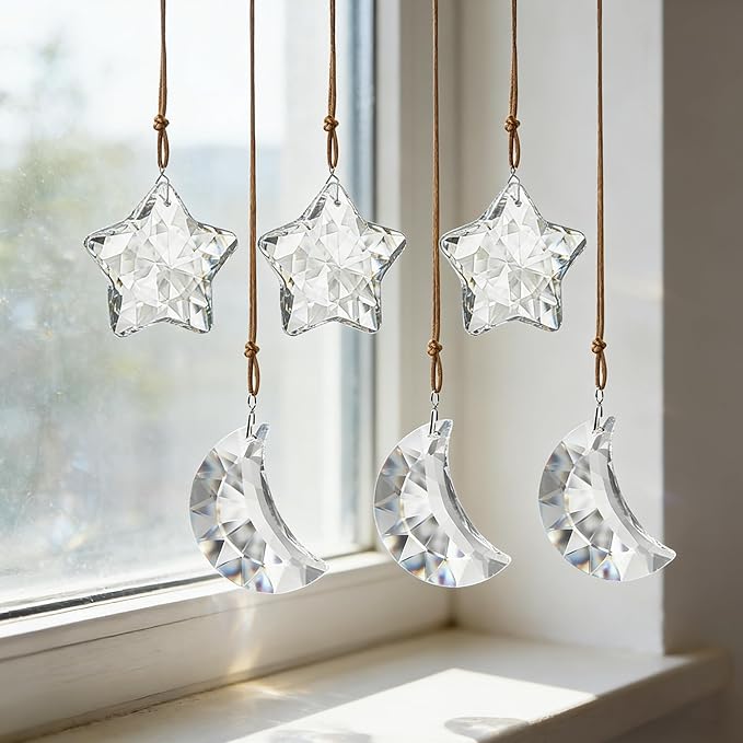 6pcs Clear Crystal Star and Half Moon Prisms Ornaments Faceted Glass Hanging Ornaments for Home Garden Window Wedding Party Decor
