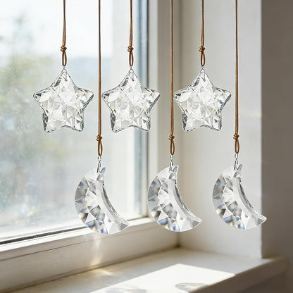 6pcs Clear Crystal Star and Half Moon Prisms Ornaments Faceted Glass Hanging Ornaments for Home Garden Window Wedding Party Decor