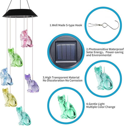 Cat Wind Chimes HiSolar Cat Solar Wind Chime Color Changing Outdoor Gifts fo Mom Grandma Friends Birthday Gifts for Mom, Grandma Gift, Gardening Memorial Wind Chimes