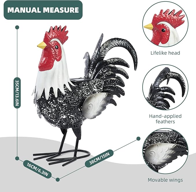 Metal Rooster Statue Yard Decor - 15" Solar Light Metal Yard Art Standing Chicken Statue Garden Decoration, Large Animal Sculpture Chicken Figture for Outdoor Porch Patio Backyard Lawn Ornament