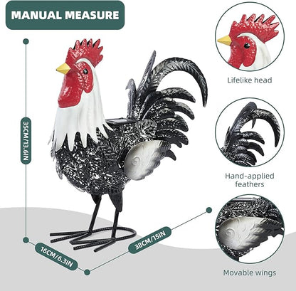 Metal Rooster Statue Yard Decor - 15" Solar Light Metal Yard Art Standing Chicken Statue Garden Decoration, Large Animal Sculpture Chicken Figture for Outdoor Porch Patio Backyard Lawn Ornament