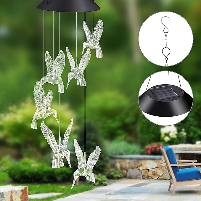 TDA Solar Wind Chimes Light Outdoor Changing Color Decorative Mobile Portable for Patio Walkway Pathway Backyard Landscape Decoration (Transparent Hummingbird)
