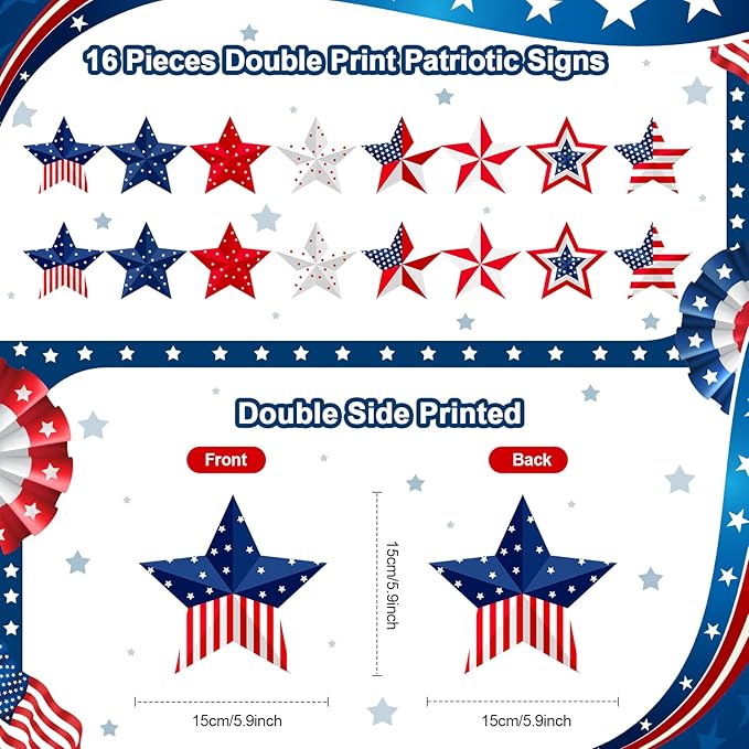16 Pcs 4th of July Hanging Star Lawn Sign Star Patriotic Yard Signs Decorations Plastic Independence Day Garden Hanging Ornaments for Labor Day Veterans Day Memorial Day Home Garden Yard Tree Decor
