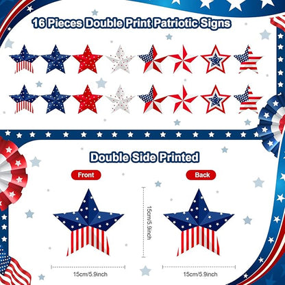 16 Pcs 4th of July Hanging Star Lawn Sign Star Patriotic Yard Signs Decorations Plastic Independence Day Garden Hanging Ornaments for Labor Day Veterans Day Memorial Day Home Garden Yard Tree Decor