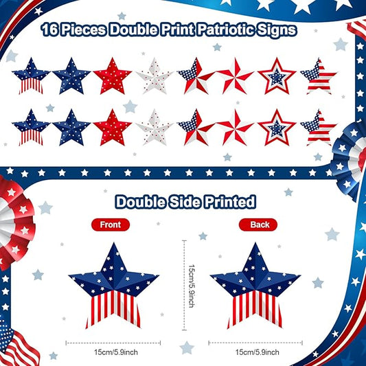 16 Pcs 4th of July Hanging Star Lawn Sign Star Patriotic Yard Signs Decorations Plastic Independence Day Garden Hanging Ornaments for Labor Day Veterans Day Memorial Day Home Garden Yard Tree Decor