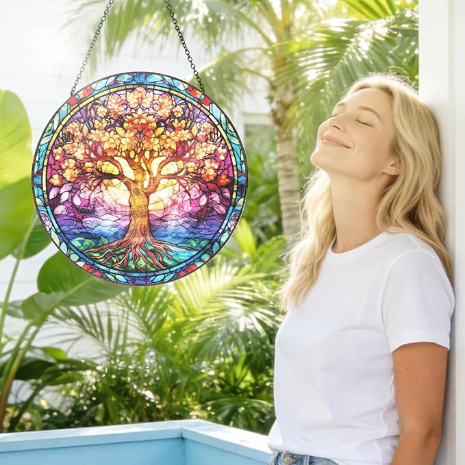 Tree of Life Stained Glass Suncatcher, Colorful Round Window Hanging with Metal Chain, Vibrant Boho Style Glass Sun Catcher Decor for Home Window or Wall
