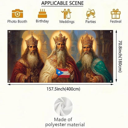 HOMETITUTE 13x6ft Three Kings Day Garage Door Banner Dia de Reyes Puerto Rican Flag Design Polyester Large Outdoor Decoration for Epiphany Celebration Holiday Party Yard Home School