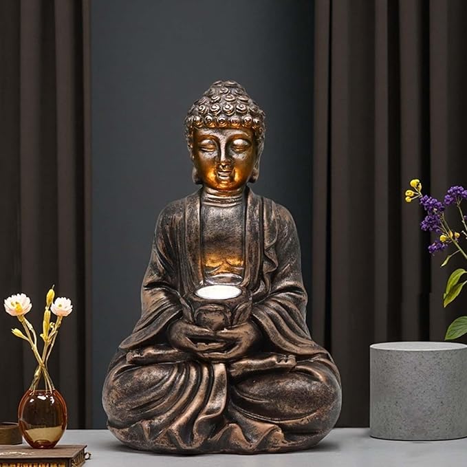 Outdoor Buddha Statues Solar Light: Desk Zen Garden Deor for Outside Patio Home Decoration Meditation Sculpture Room Decor Indoor Meditating Figurine Yard Lawn Ornament