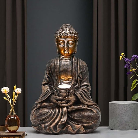 Outdoor Buddha Statues Solar Light: Desk Zen Garden Deor for Outside Patio Home Decoration Meditation Sculpture Room Decor Indoor Meditating Figurine Yard Lawn Ornament