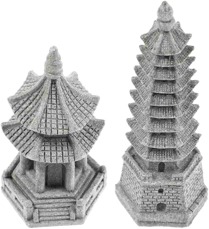 Set of 2 Pagoda Garden Miniature Sculptures - Zen Tower Decor Statues for Indoor and Outdoor Fairy Gardens - Asian Figurines for Chinese Outdoor Pagoda Decor for Home and Garden Enthusiasts