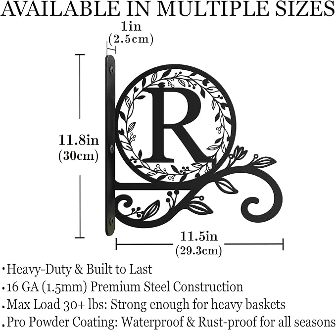Metal Initial Letter R Plant Hanger Bracket, Decorative Wall Mount Hanging Plant Hook, Monogram Floral Leaf Garden Decor for Hanging Baskets, Bird Feeders, Lanterns, Wind Chimes