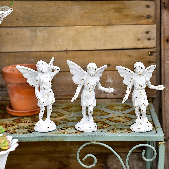 Sungmor Cast Iron Angel Statue, Rustic White Playful Fairy Figurines, Creative Angel Pixie Collection Home Office Desk Decor, Indoor Outdoor Fairy Garden Accent Ornament