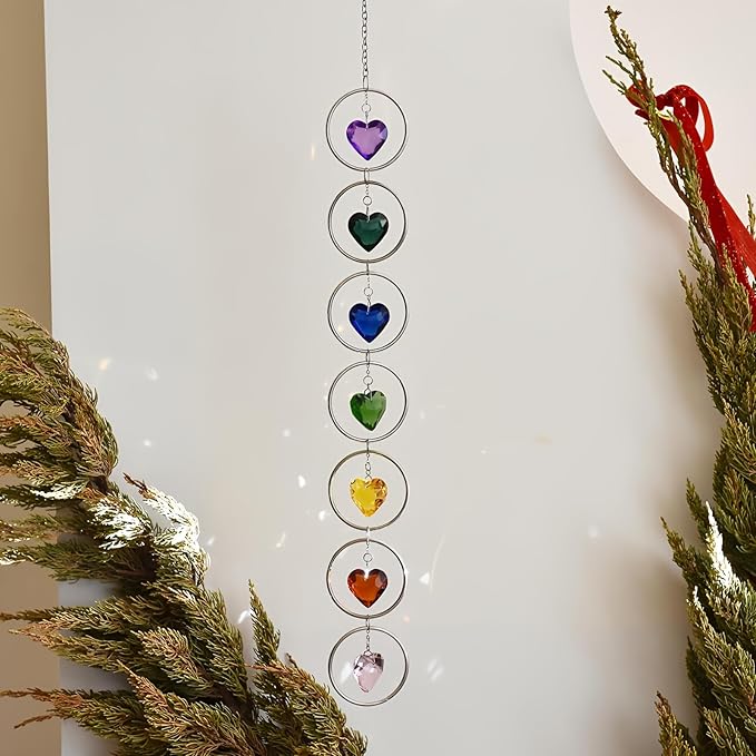 7-Chakra Crystal Suncatcher, 30mm Love-Shaped Crystal Balls Wind Chimes, Hanging Rainbow Makers, Chakra Window Ornament, Garden Decoration (Multi Colors)