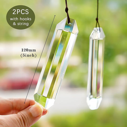 HDCRYSTALGIFTS Set 2 Crystal Suncatchers for Christmas Tree Ornaments, 120mm Large Prism Sun Catchers Windows Hanging Rainbow Maker Indoor Outdoor Garden Decor, Clear