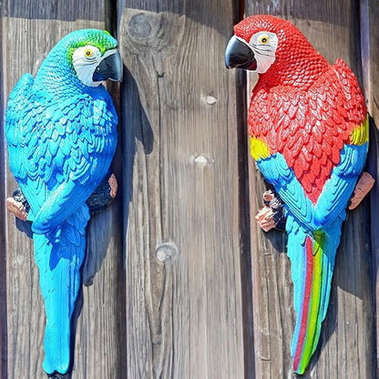 Teaeeno 2Pcs Resin Wall Bird Statue Decor,Real Parrot Sculpture Home Decor,Outdoor Indoor Figurine Ornaments-Garden Tree Sculpture,Resin Animal Statue for Garden, Terrace, Lawn, Yard