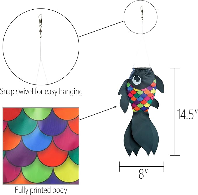 In the Breeze 5224 — 15-inch Black & Rainbow Damsel Fish — Colorful Fishsock Hanging Garden Decor with Detailed Printed Graphics