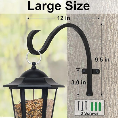 12 Inch Heavy Duty Plant Hanger Wall Hook 2 Pack - Black Iron Hanging Plant Bracket Holds 44 lbs - Rust Resistant Indoor Outdoor Hooks for Bird Feeders Lanterns Wind Chimes Hanging Baskets with Screws