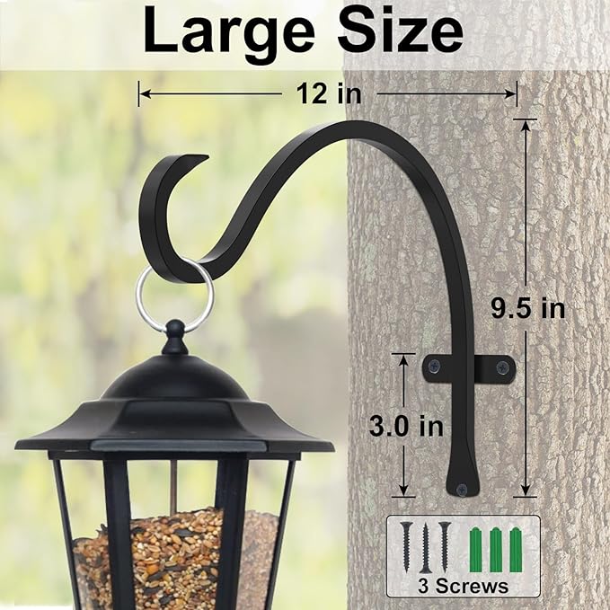 12 Inch Heavy Duty Plant Hanger Wall Hook 6 Pack - Black Iron Hanging Plant Bracket Holds 44 lbs - Rust Resistant Indoor Outdoor Hooks for Bird Feeders Lanterns Wind Chimes Hanging Baskets with Screws