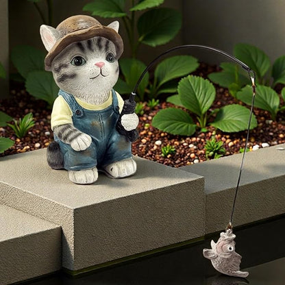 GARDEN WHISPER Cat Statue Outdoor Koi Pond Garden Decoration, Grey Cat Decor for Yard 7.1'' Fishing Tabby Statue Outdoor Garden Decor, Fishing Guy for Waterfalls or Koi Pond Additioanl, Gifts for Mom