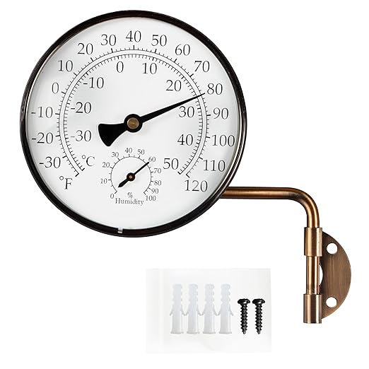4-Inch Brass Analog Outdoor Thermometer & Humidity Gauge - Easy Install Battery-Free Wall Mount, Window Readable for Patio Garden Garage