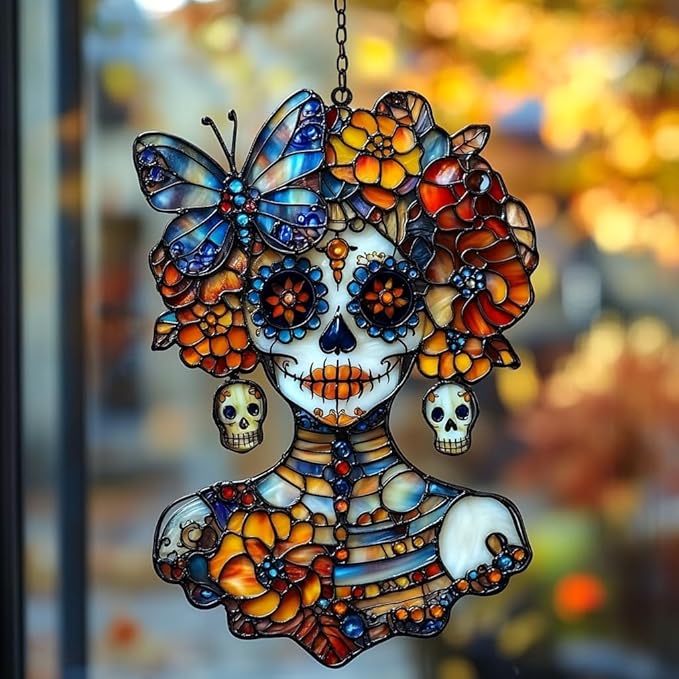 Floral Skeleton Acrylic Suncatcher Stained Glass Effect Window Car Hanging Christmas Ornament Indoor Outdoor Decor Garden Sun Catcher Panel for Sugar Skull Lover for Women Mom Grandma