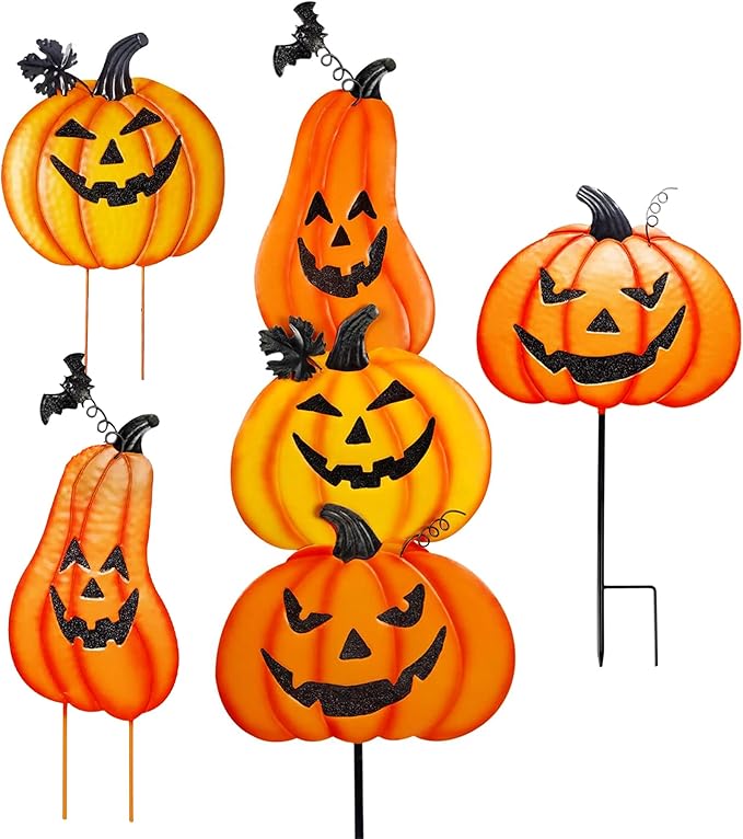 Halloween Metal Pumpkin Yard Stakes, Stackable Pumpkin Signs Garden Stake with Witch Door Hanging, Outdoor Halloween Decorations for Lawn Party (Set of 3, Style A)