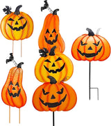 Halloween Metal Pumpkin Yard Stakes, Stackable Pumpkin Signs Garden Stake with Witch Door Hanging, Outdoor Halloween Decorations for Lawn Party (Set of 3, Style A)