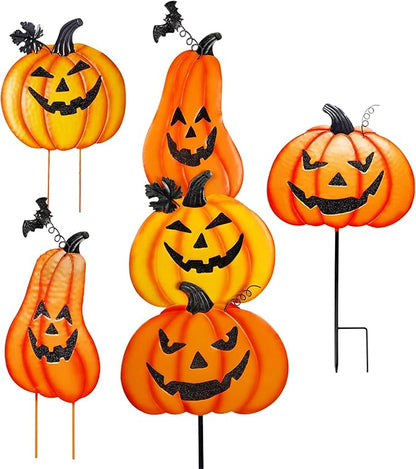 Halloween Metal Pumpkin Yard Stakes, Stackable Pumpkin Signs Garden Stake with Witch Door Hanging, Outdoor Halloween Decorations for Lawn Party (Set of 3, Style A)