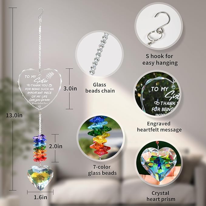 Suncatcher Gifts for Sister, Personalized Crystal Heart Ornaments Hanging for Windows, Cool Garden Gifts for Sister Birthday