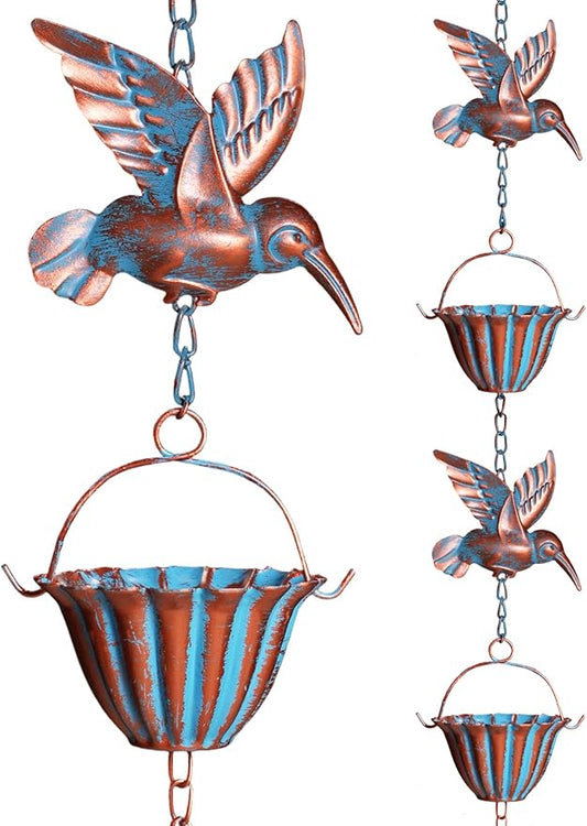 Rain Chains for Gutters, 8.8ft Rain Catcher Chain with 7 Metal Cups & Hummingbird Decor, Adjustable Downspout Replacement for Roof Drainage & Decorative Water Collection(Hummingbird Blue)