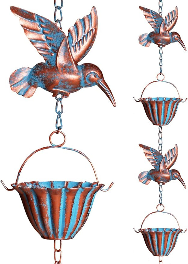 Rain Chains for Gutters, 8.8ft Rain Catcher Chain with 7 Metal Cups & Hummingbird Decor, Adjustable Downspout Replacement for Roof Drainage & Decorative Water Collection(Hummingbird Blue)