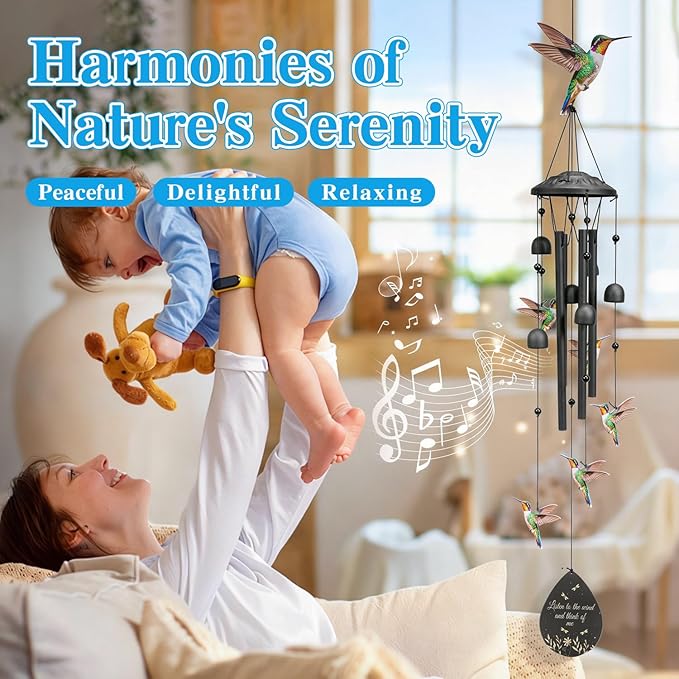 Hummingbird Wind Chimes Outdoor Durable Black Metal Windchimes Garden Patio Decor Hummingbirds Gifts for Women/Men, Garden/Yard Decor, Memorial/Birthday Gifts for Grandma/Mom, Birds Chimes for Outside