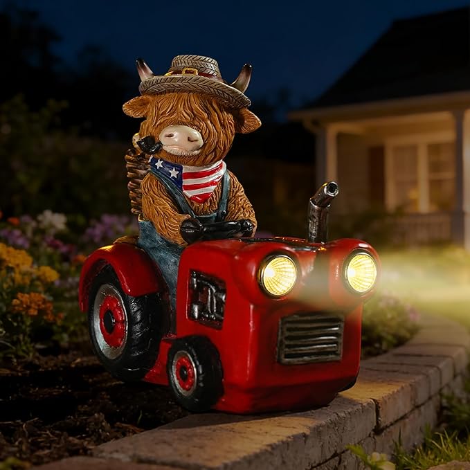 Groundhog Welcome Garden Statue with Solar Headlamp – Funny Animal Outdoor Yard Decor with LED Light and Butterfly – Waterproof Resin Garden Ornament for Patio, Lawn, Pathway (Tractor Cow)