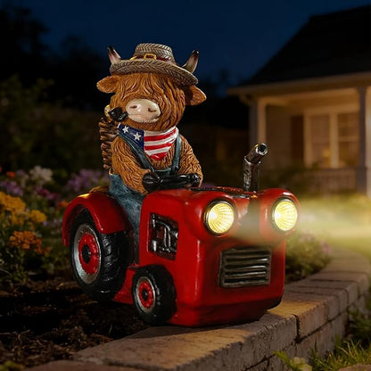 Groundhog Welcome Garden Statue with Solar Headlamp – Funny Animal Outdoor Yard Decor with LED Light and Butterfly – Waterproof Resin Garden Ornament for Patio, Lawn, Pathway (Tractor Cow)