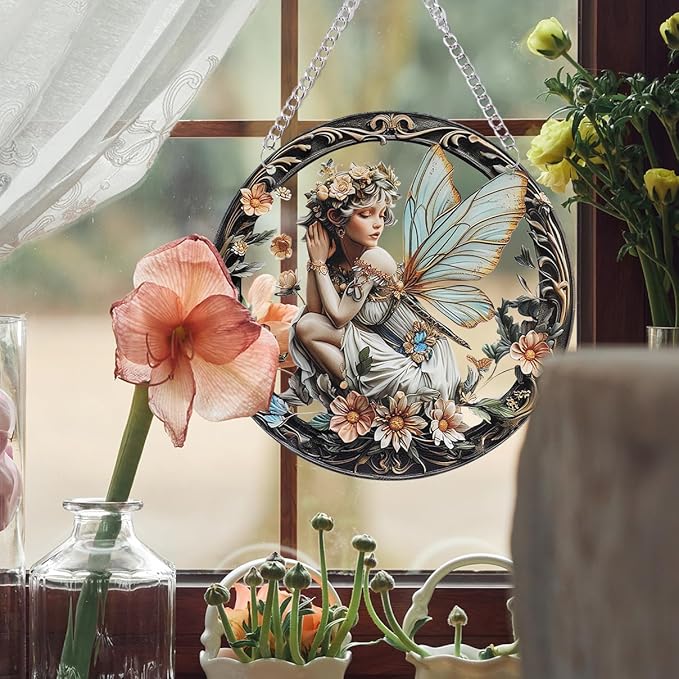 1PC Flower Fairy Acrylic Stained Glass Suncatcher Nature Round Flowers and Girls Suncatcher Hanging Decoration with Metal Chain-SunCatchers for Window Decor Outdoor Garden Decor Gift (B)