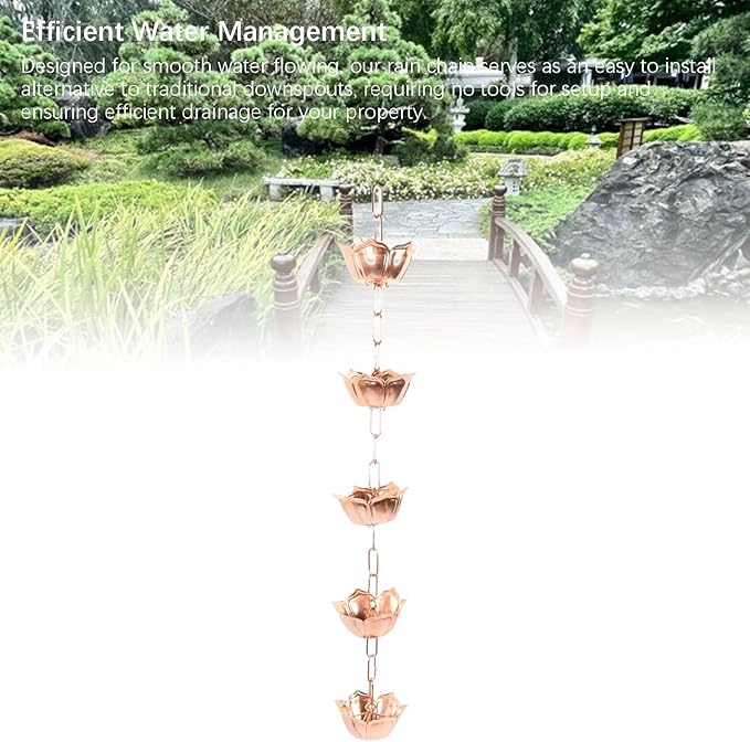 Hanging Rain Chain Copper, 1m Weatherproof Yard Rain Catcher Chain - Elegant Floral Design, Rust, Easy Installation for Garden and Temple (Flower Shaped)