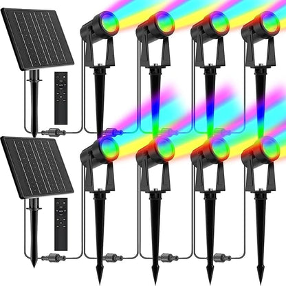 ZYAN Solar Color Changing RGB Spotlights with Remote, 12000mAh Separate Panels & USB-C Powered, Auto On Off, Outdoor IP65 Waterproof for Patio Yard Path (8 Pack)