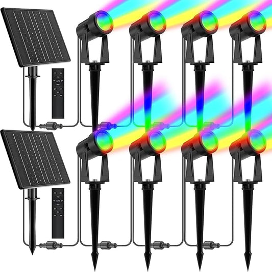 ZYAN Solar Color Changing RGB Spotlights with Remote, 12000mAh Separate Panels & USB-C Powered, Auto On Off, Outdoor IP65 Waterproof for Patio Yard Path (8 Pack)