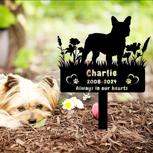 Custom French Bulldog Dog Memorial Grave Marker,Personalized Pet Dog Memorial Garden Stake,Flora Dog Memorial Plaque Burial Stake Engraved Sign,Dog Sympathy Grave Stake,Dog Statue Headstone
