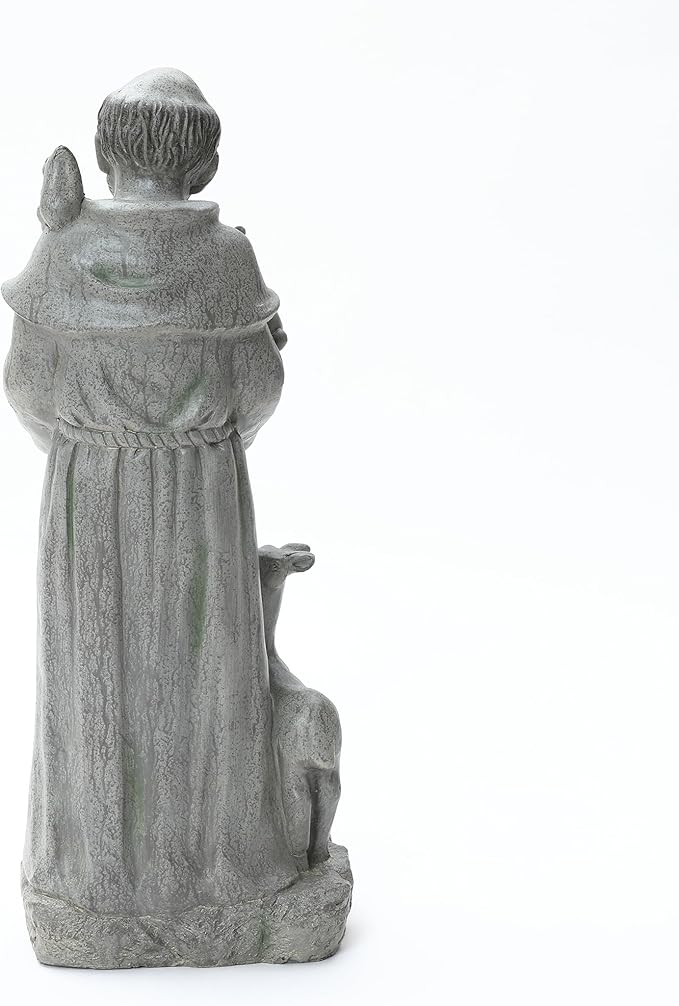 LuxenHome Outdoor St. Francis Statues, 27.6" Saint Francis of Assisi MgO Garden Statue with Animal & Birdbath Bowl, Religious Statues for Patio Yard Home Decor, Outdoor Garden Sculptures